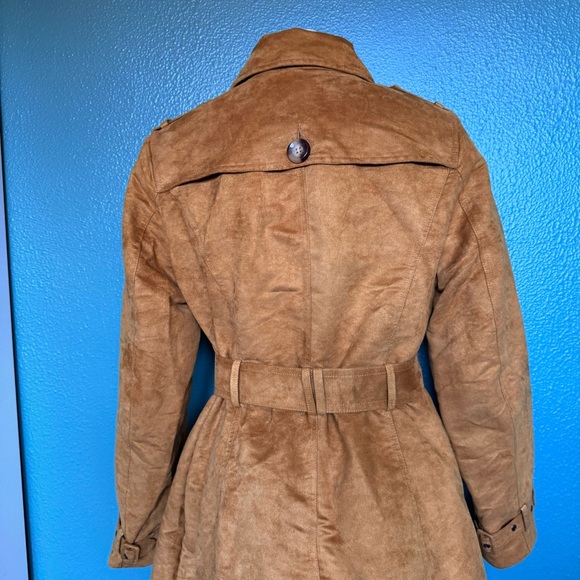 Steve Madden Suede Mustard Yellow Trench Coat Tie Waist Fitted Jacket - Picture 8 of 11